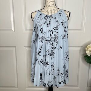 Tahari Accordion Pleated Halter Swing Top Blue Floral XL B12